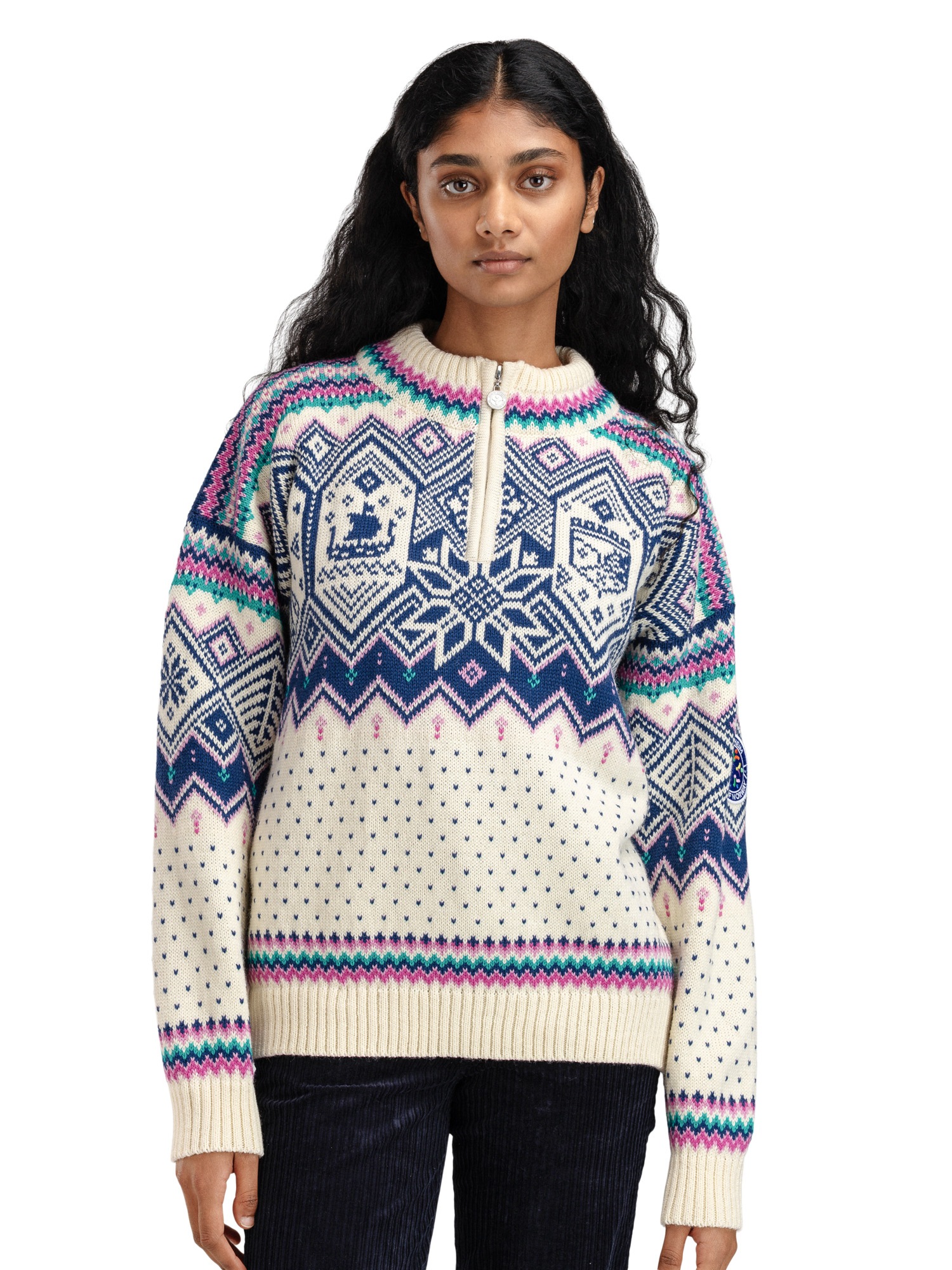 2025 Trondheim Women's Wool Sweater Offwhite  Indigo  Orchid